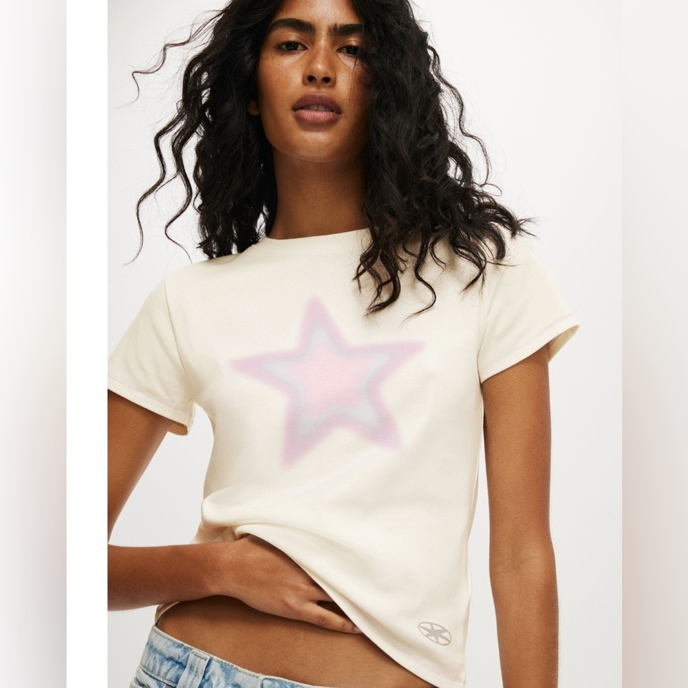 NEW Cotton On White Graphic Tee with star pink purple size XS relaxed fit